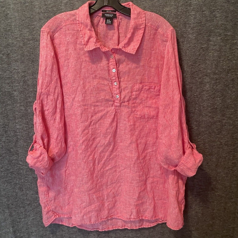 Jones & Co Top Tunic Womens Plus 2X Pink Linen Roll Tab Sleeve Shirt Lagenlook